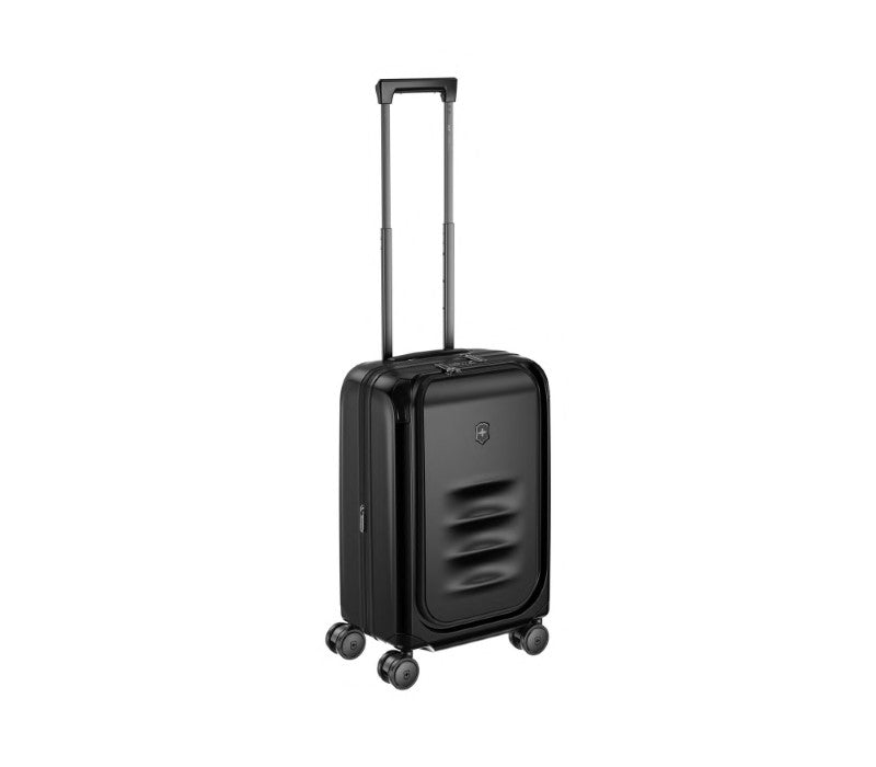 Victorinox Spectra Frequent Flyer Carry-On in black, featuring durable recycled polycarbonate and expandable packing capacity.