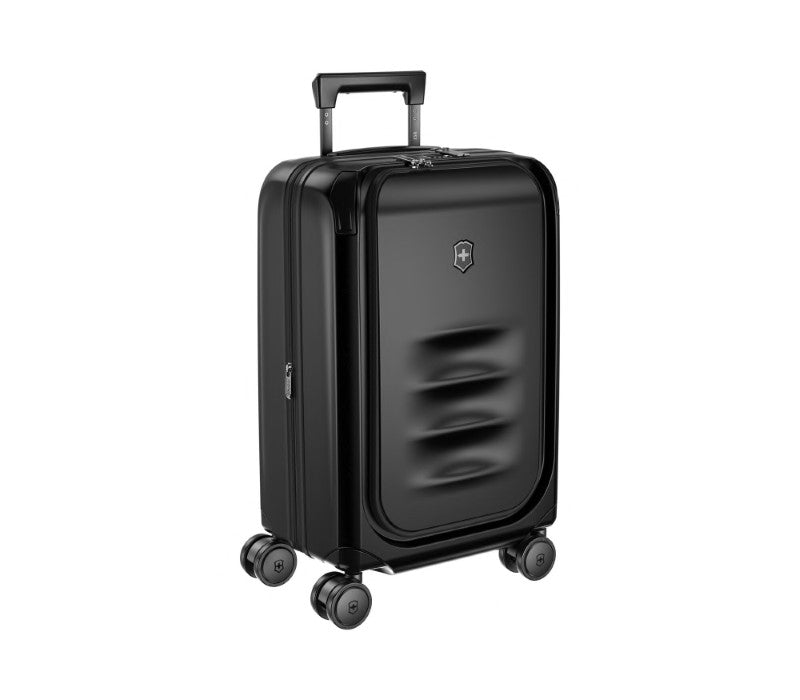 Victorinox Spectra Frequent Flyer Carry-On in black, crafted from recycled polycarbonate, featuring expandable capacity and easy-access pockets.