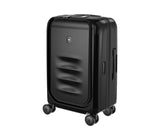 Black Victorinox Spectra Frequent Flyer Carry-On Luggage with eco-friendly SORPLAS™, expandable design, and dual caster wheels.