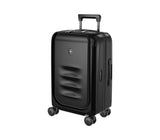 Stylish black carry-on luggage with durable recycled polycarbonate, expandable, quick-access pockets, and smooth-rolling wheels.