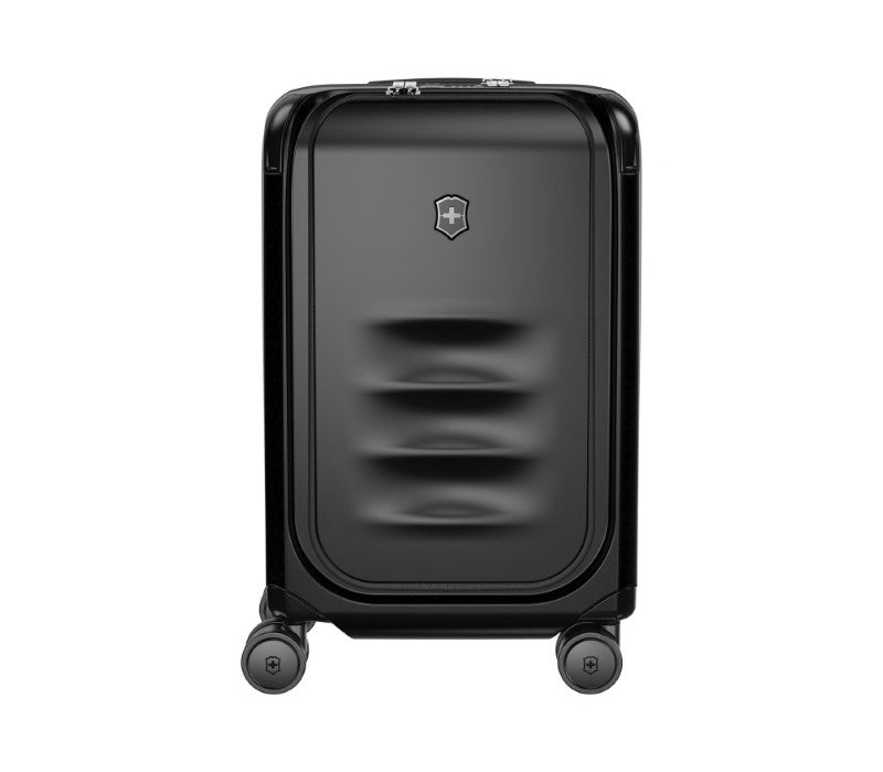 Victorinox Spectra Frequent Flyer carry-on luggage in black, featuring durable recycled polycarbonate and expandable packing capacity.