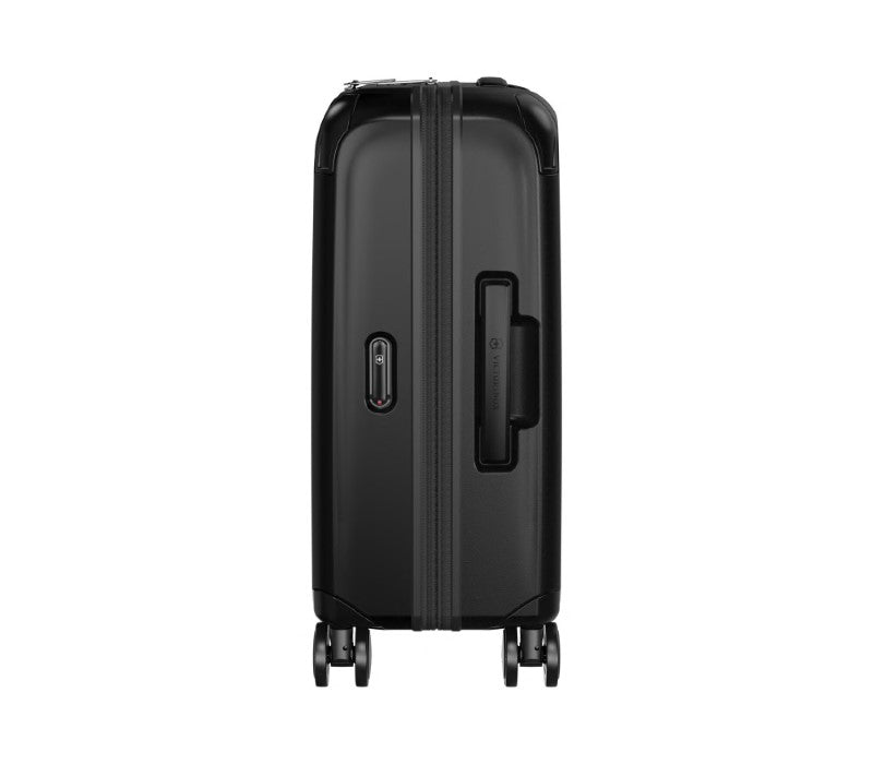 Victorinox Spectra Frequent Flyer black carry-on luggage with eco-friendly SORPLAS, expandable capacity, and easy-access pockets.