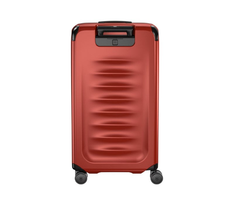 Elegant red Victorinox Spectra 3.0 Trunk Large suitcase with 99L capacity, durable SORPLAS polycarbonate, and smooth rolling wheels.