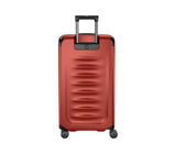 Large red Victorinox Spectra 3.0 suitcase made from recycled polycarbonate, featuring 99L capacity and smooth 360-degree wheels.