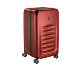 Red Victorinox Spectra 3.0 large suitcase, 99L capacity, made from durable SORPLAS™ recycled polycarbonate with smooth dual-caster wheels.