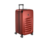 Red Victorinox Spectra 3.0 Trunk Large suitcase, made from recycled polycarbonate, featuring 99L capacity and dual-caster wheels.