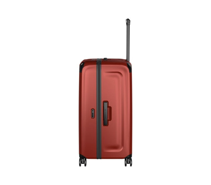 Victorinox Spectra 3.0 large red suitcase with 99L capacity, made from durable recycled polycarbonate, featuring packing cubes and spinner wheels.