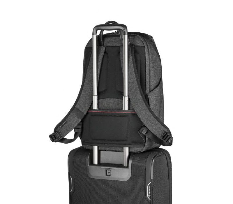 Sleek black Victorinox laptop backpack with 360° device protection, antibacterial lining, and secure compartments for tech essentials.