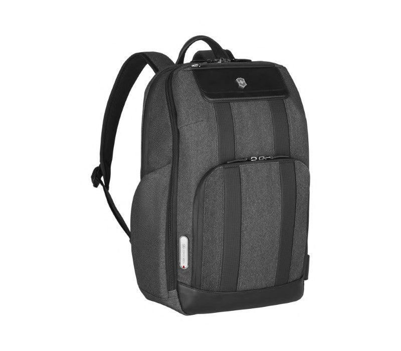 Sleek black Victorinox laptop backpack for 15" devices, featuring 360° protection, antibacterial lining, and smart compartments.