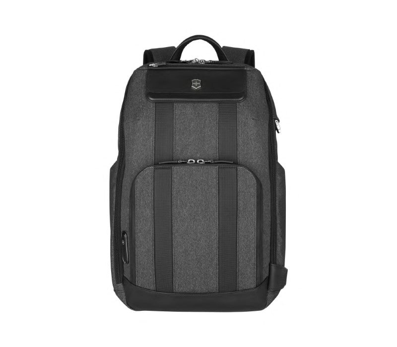 Sleek black Victorinox laptop backpack with 360° protection, antibacterial lining, and smart compartments for tech essentials.