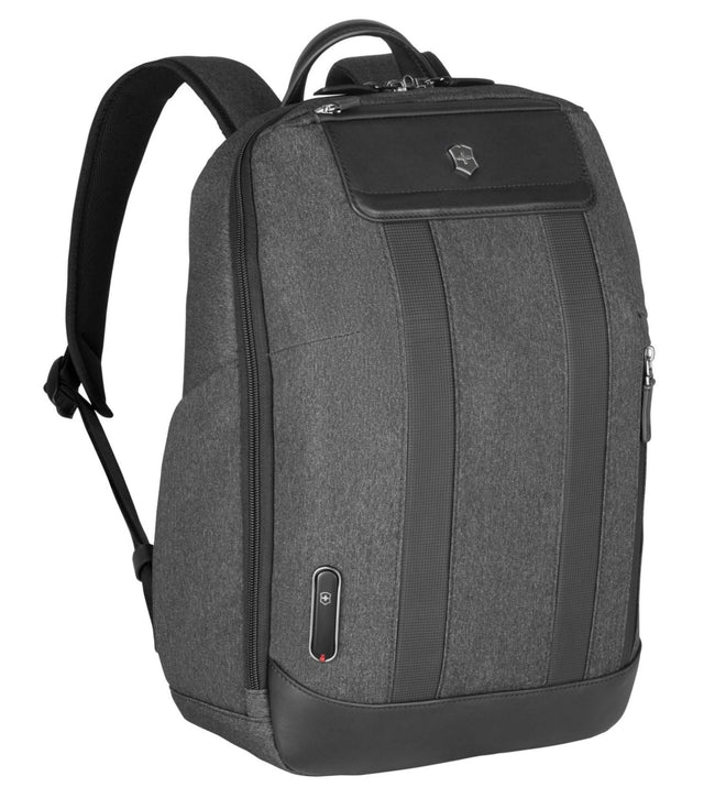 Victorinox Urban2 City 14" Laptop Backpack in grey and black, featuring 360° protection, water bottle holders, and adjustable straps.