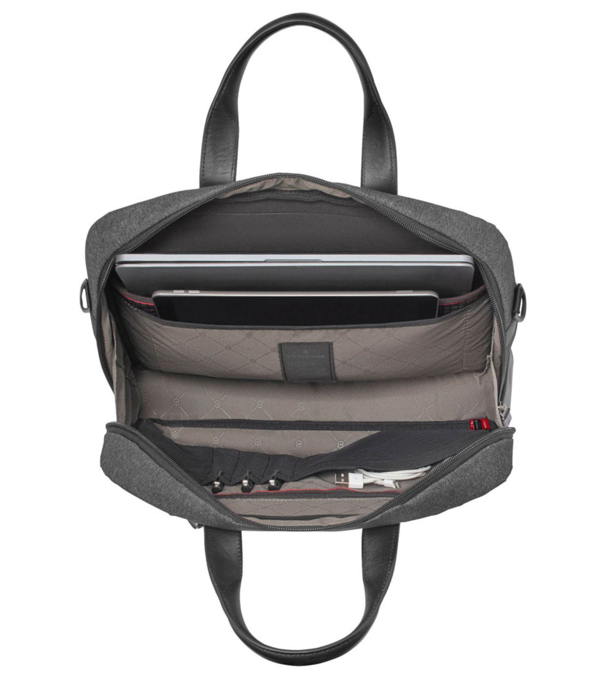 Victorinox Architecture Urban2 laptop briefcase in grey/black with antimicrobial lining, organized pockets, and detachable strap.