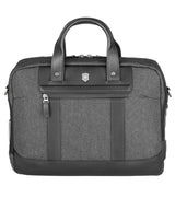 Sleek grey/black 14" laptop briefcase with antimicrobial lining, gunmetal rivets, and detachable shoulder strap for commuters.