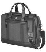 Sleek grey and black 14" laptop briefcase with antimicrobial lining, organized pockets, and trolley pass-through for commuters.