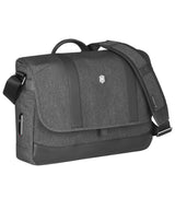 Stylish grey and black messenger bag with a pocket for a 14" laptop, magnetic lock, and antimicrobial lining for secure storage.