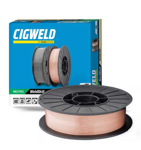 Cigweld Weldskill 0.6mm solid MIG wire on a 5kg roll, ideal for GMA welding with copper coating for durability and conductivity.