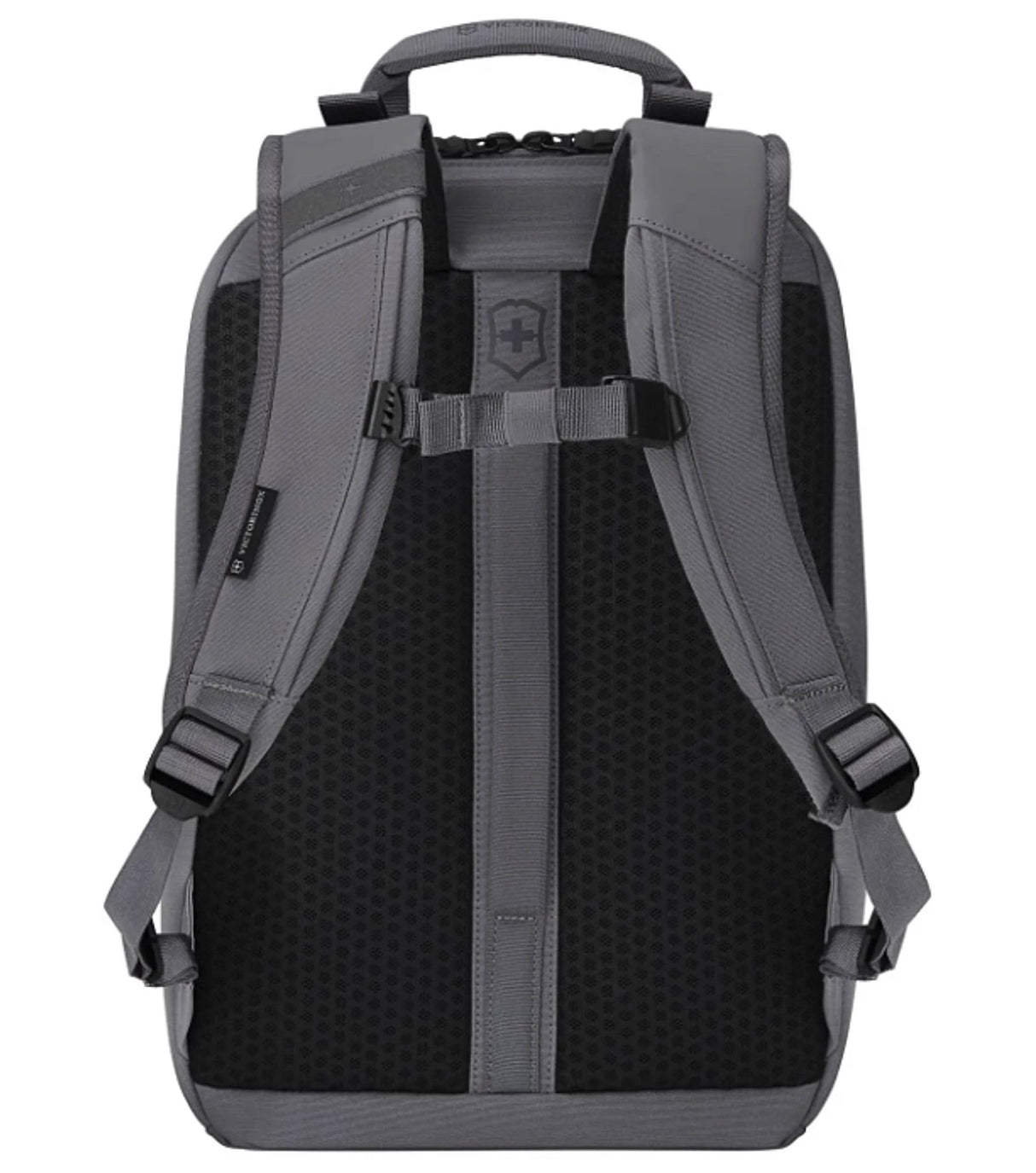 Sleek black Victorinox Touring 2.0 daypack with laptop pocket, waterproof pouch, and bicycle light attachment for urban adventures.