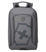 Sleek grey Victorinox 2.0 City Daypack with 15" laptop pocket, waterproof pouch, and bicycle light attachment for urban adventures.