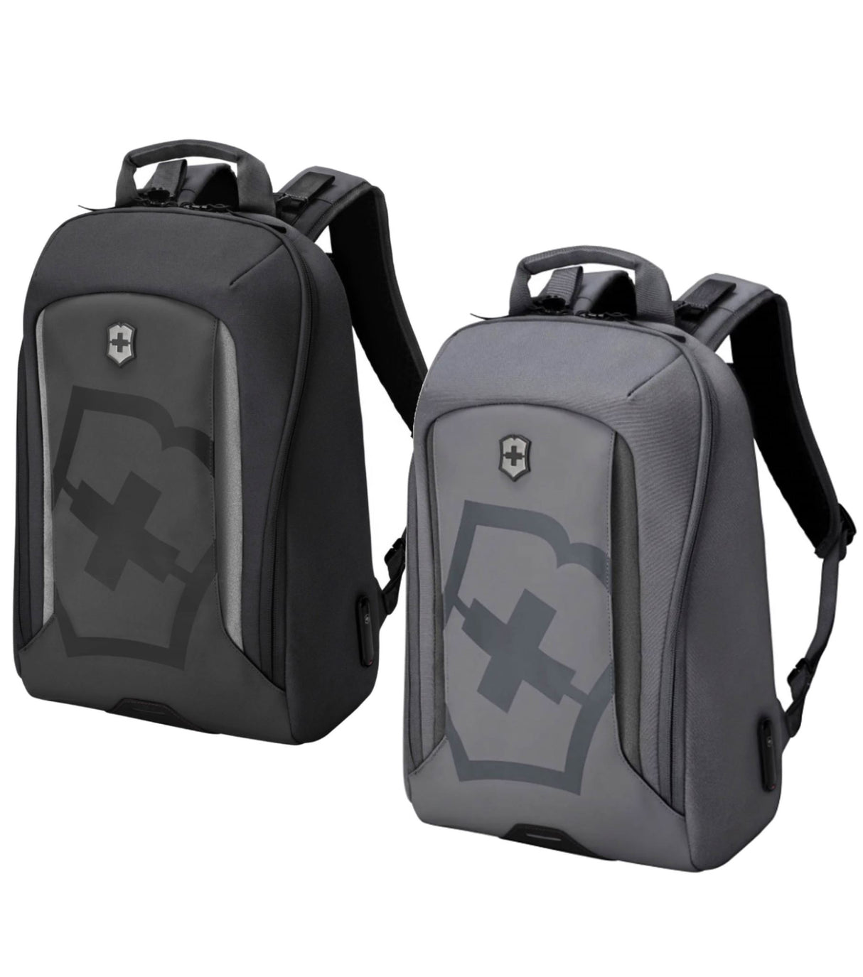 Victorinox Touring 2.0 City 15" Laptop Daypack in grey, featuring a laptop pocket, waterproof pouch, and bicycle light attachment.