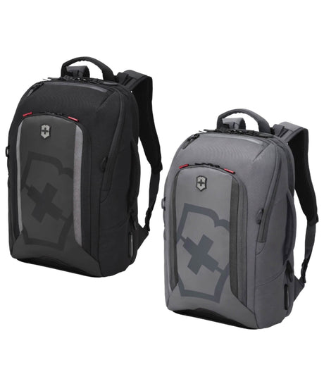 Grey Victorinox Touring 2.0 Commuter Daypack with 15" laptop pocket, waterproof pouch, and helmet net for cyclists.