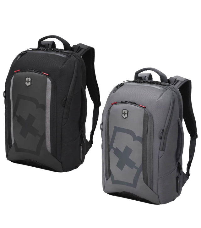 Sleek black Victorinox Touring 2.0 daypack with 15" laptop pocket, removable waterproof pouch, and adjustable straps.