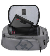 Versatile grey duffel and backpack with expandable shoe compartment, media pockets, and removable waterproof pouch.