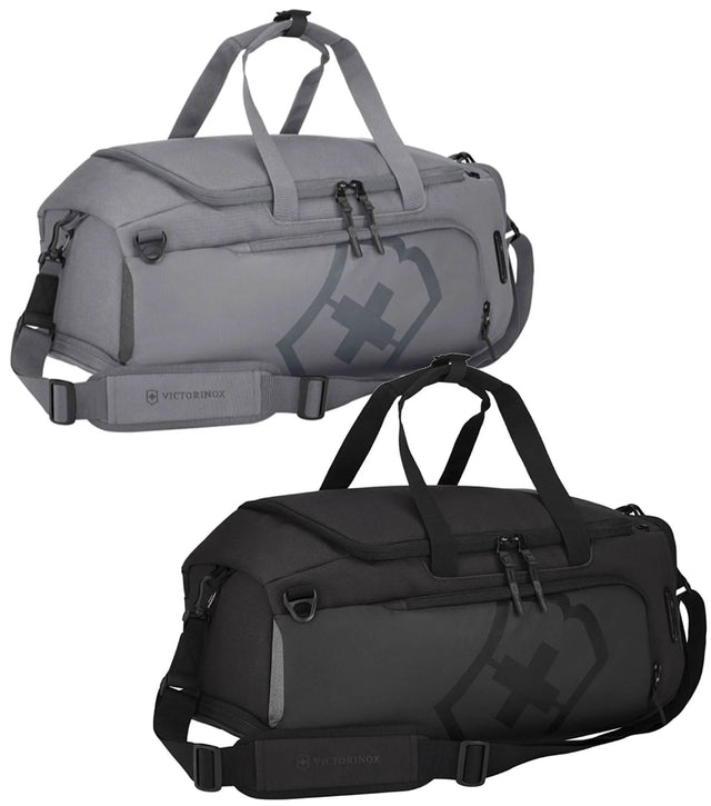 Versatile grey duffel that converts to a backpack, featuring an expandable shoe compartment and smart media pockets.