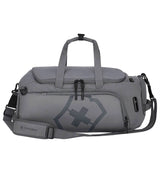 Versatile grey duffel backpack with expandable shoe compartment and smart organization for hassle-free travel.