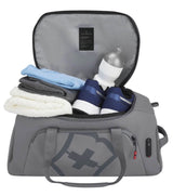 Sleek grey Victorinox Touring 2.0 Sports Duffel with adjustable strap, waterproof pouch, and spacious compartments for active lifestyles.