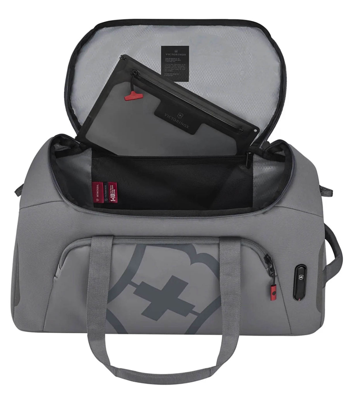 Victorinox Touring 2.0 Sports Duffel in grey, featuring a spacious design, waterproof pouch, and adjustable straps for active lifestyles.