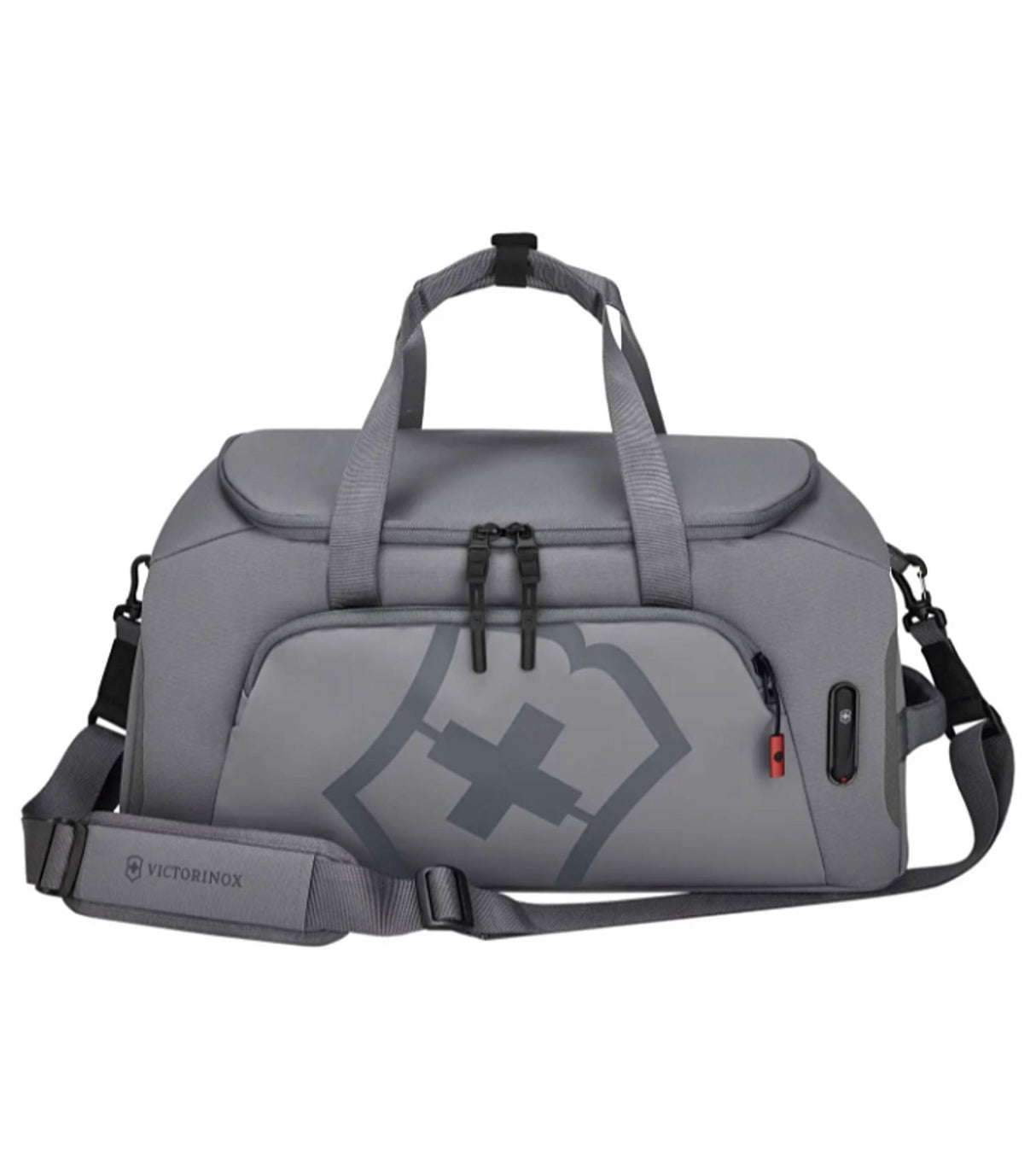 Victorinox Touring 2.0 Sports Duffel in black, featuring a spacious interior, waterproof pouch, and adjustable shoulder strap.