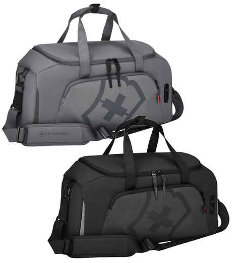 Sleek grey Victorinox Touring 2.0 Sports Duffel, designed for active lifestyles with spacious storage and a waterproof pouch.