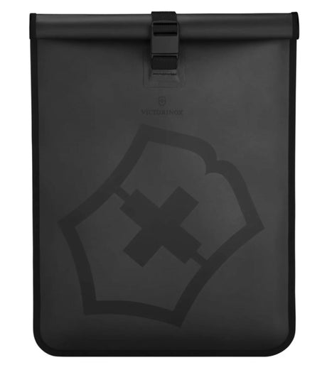 Victorinox Touring 2.0 black laptop sleeve, waterproof design, roll top closure, fits 15" laptops, ideal for modern professionals.