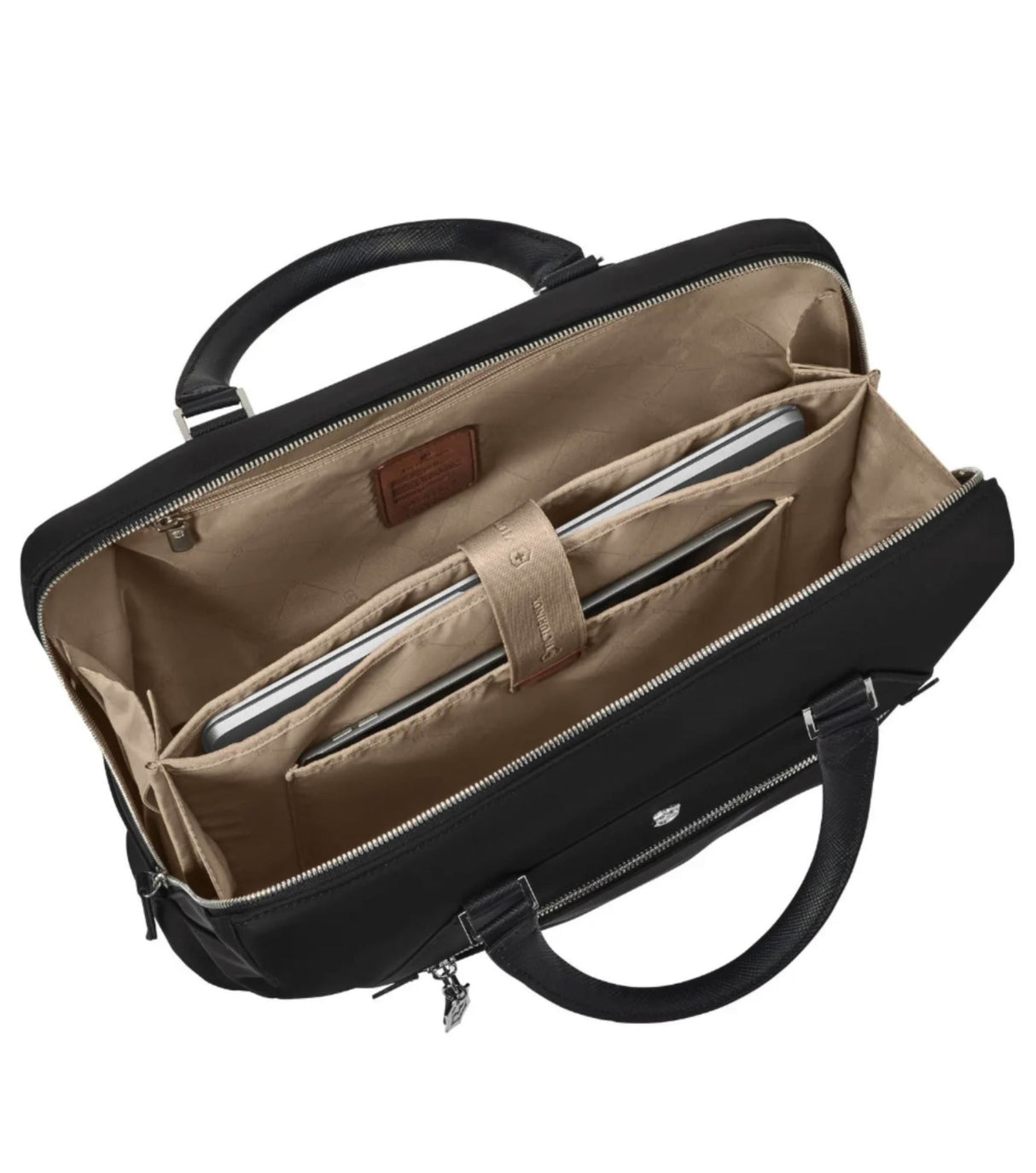 Victorinox Signature 14" laptop briefcase in black with removable pouch, comfortable handles, and organized compartments.