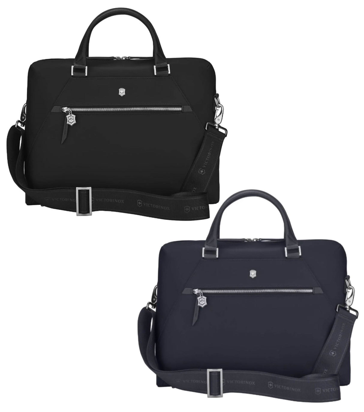 Victorinox Signature 14" Laptop Briefcase in black, featuring a 14" laptop pocket, removable clutch, and adjustable shoulder strap.