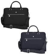 Victorinox Signature 14" Laptop Briefcase in black, featuring a 14" laptop pocket, removable clutch, and adjustable shoulder strap.