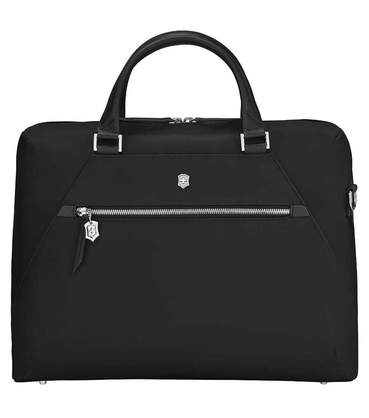 Victorinox Signature 14" Laptop Briefcase in black, featuring a padded laptop pocket and removable wristlet clutch.