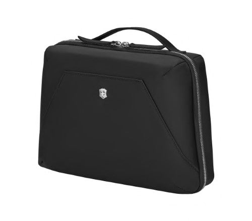 Victoria Signature Beauty Case by Victorinox in black, featuring detachable zip pouch and multiple pockets for organized travel.