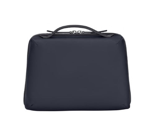 Elegant midnight blue Victorinox Victoria Signature Beauty Case with pockets, detachable pouch, and hanging hoop for travel convenience.