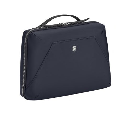 Elegant Victorinox Victoria Signature Beauty Case in Midnight Blue, featuring a detachable zipped pouch and ample storage for travel essentials.