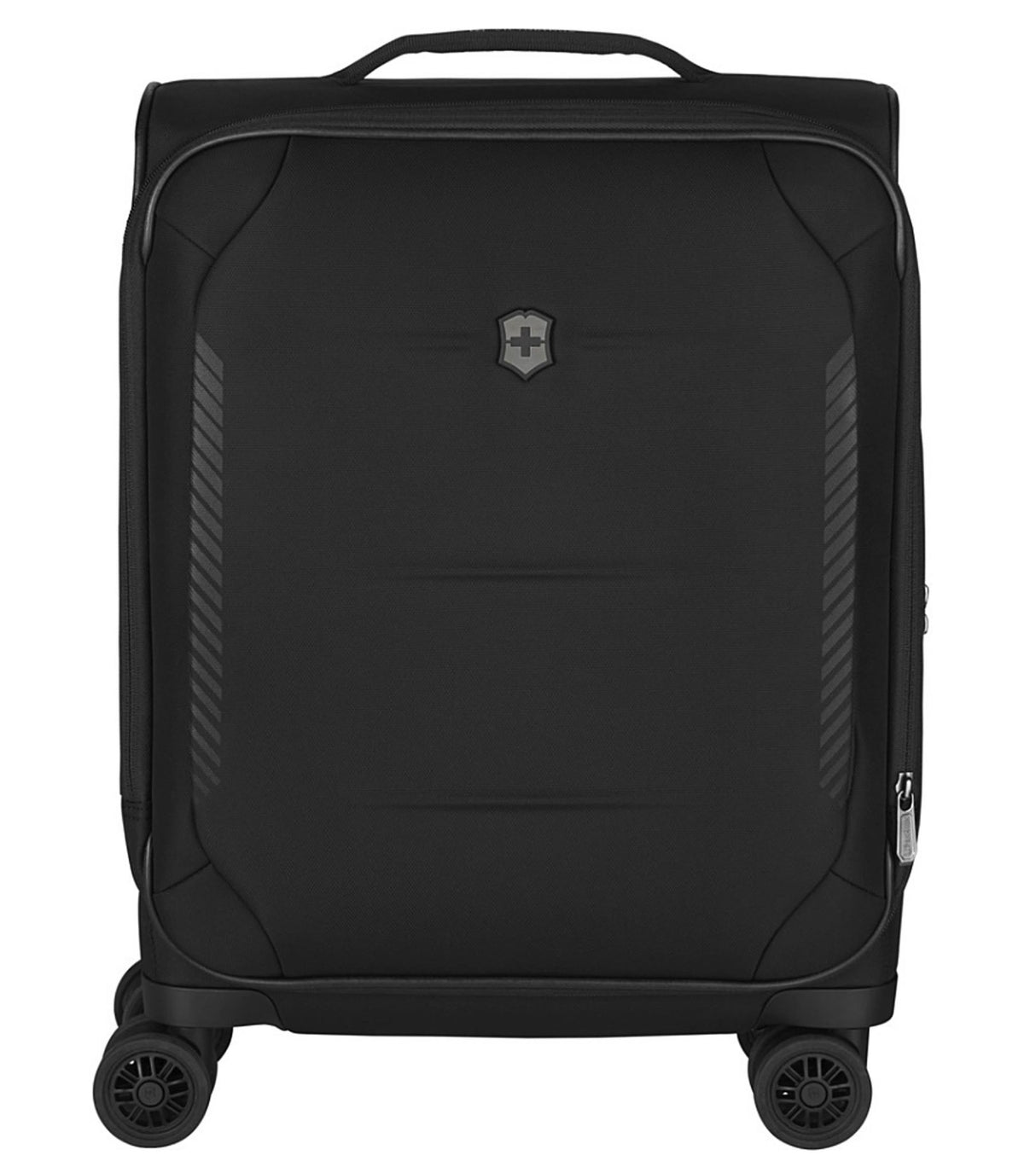 Compact black Victorinox Crosslight Global 55 cm carry-on luggage with expandable space, dual wheels, and a secure lock.