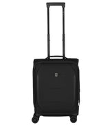 Lightweight black expandable carry-on luggage with dual-caster wheels, ergonomic handle, and sustainable design from recycled materials.