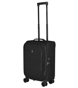 Victorinox Crosslight softside carry-on luggage in black, featuring expandable design, dual-caster wheels, and eco-friendly materials.