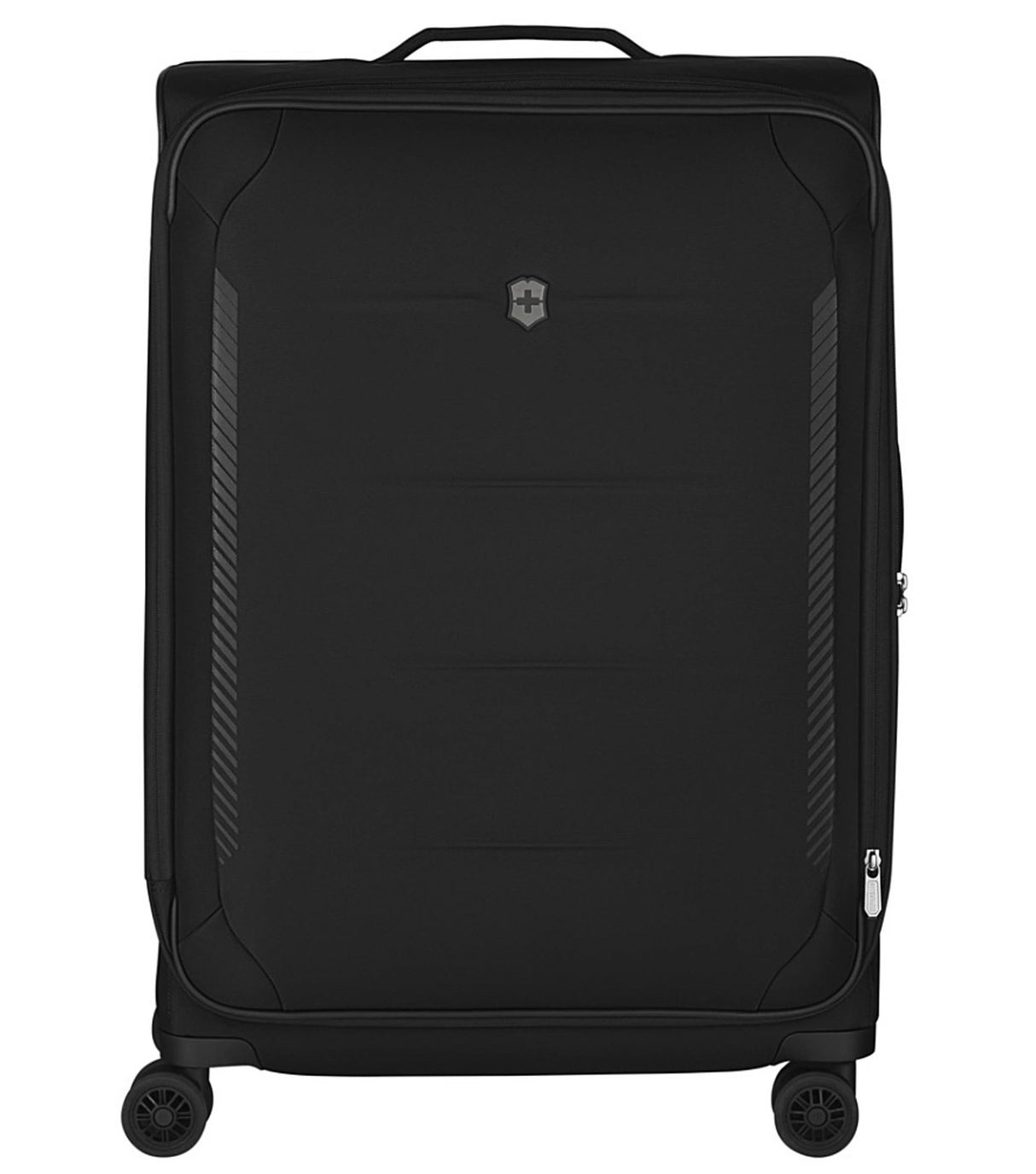 Victorinox Crosslight 76 cm black expandable luggage made from recycled PET, featuring spacious interior and dual-caster wheels.