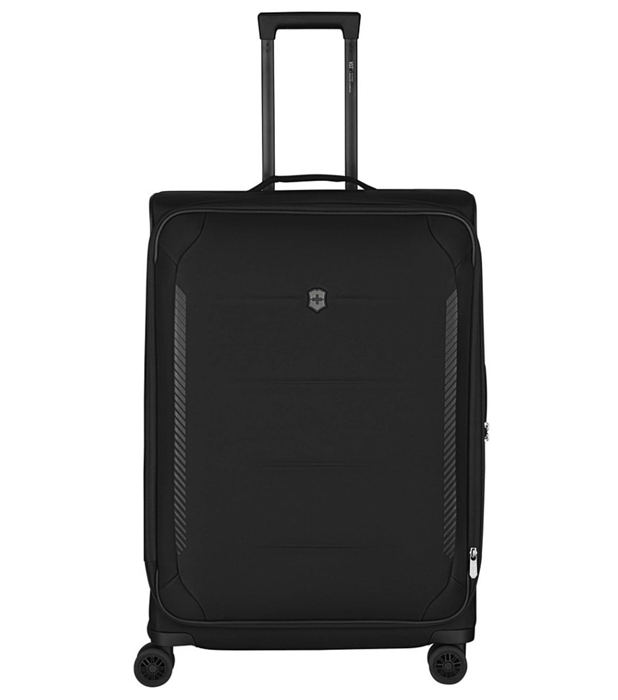 Victorinox Crosslight black softside luggage, 76 cm, eco-friendly, expandable, features dual-caster wheels and TSA lock.