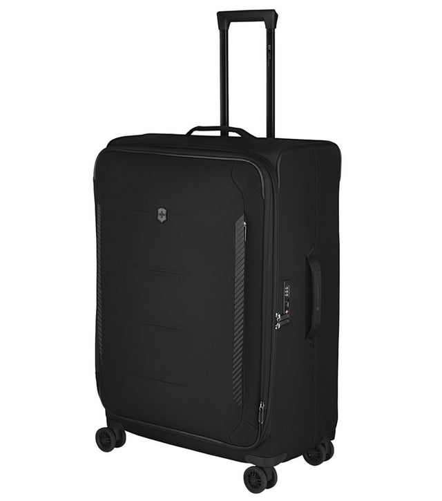 Victorinox Crosslight 76 cm expandable suitcase in sleek black, made from 45 recycled PET bottles, featuring dual-caster wheels.