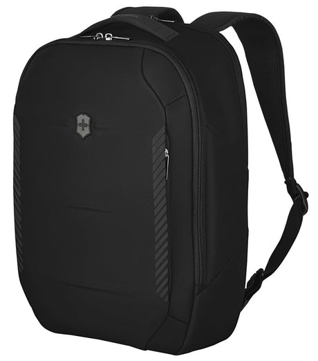 Lightweight black daypack for 15.6" laptops, made from recycled PET, featuring adjustable straps and tablet pocket.