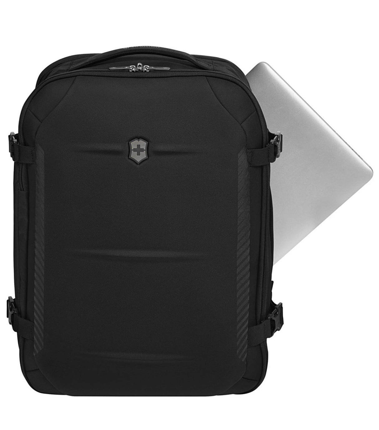 Victorinox Crosslight Boarding Bag in black, featuring a padded 15.6" laptop compartment and expandable storage system.