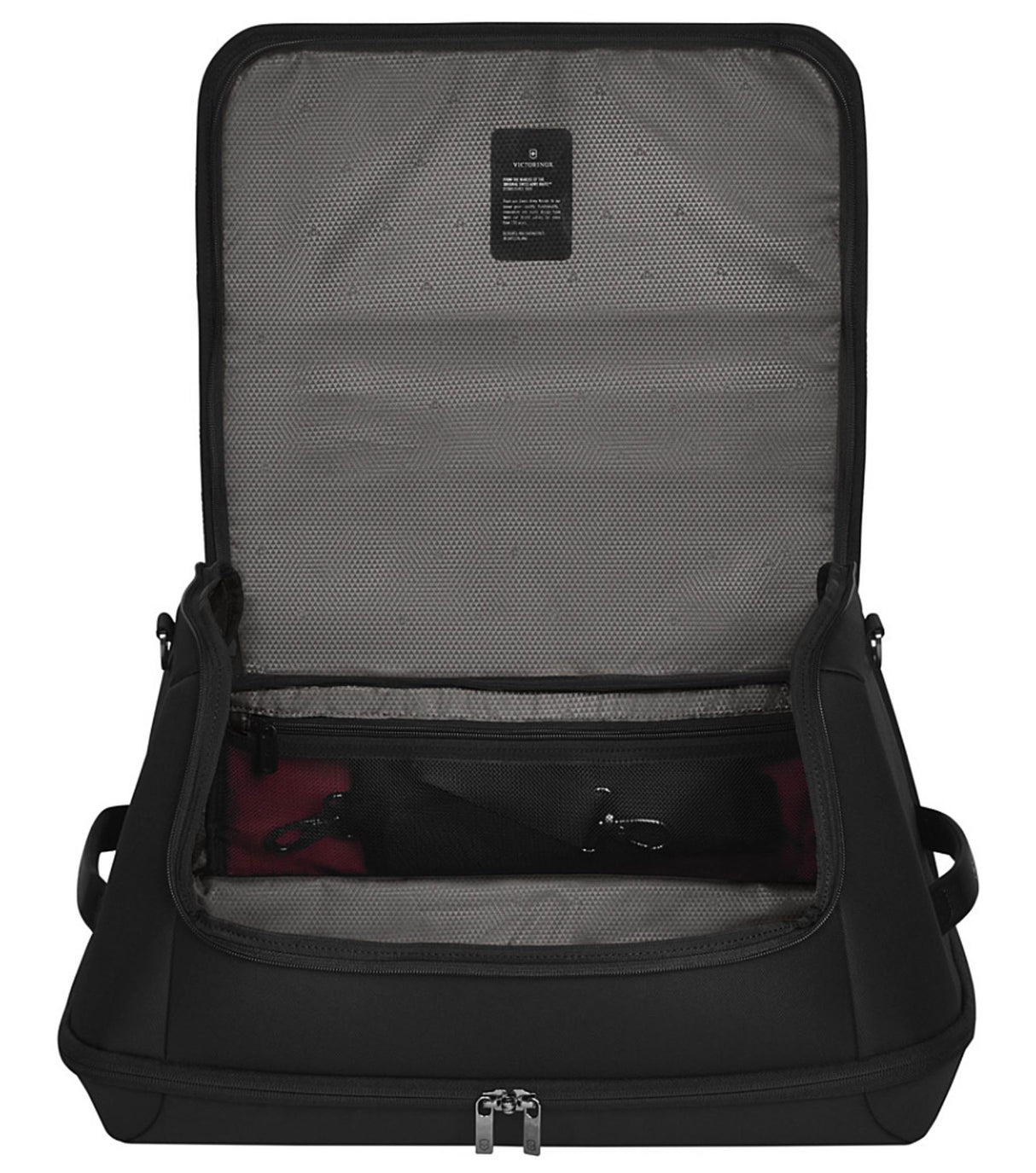 Black Victorinox Crosslight Duffel with zippered bottom compartment, made from recycled PET bottles, 37L capacity, practical design.