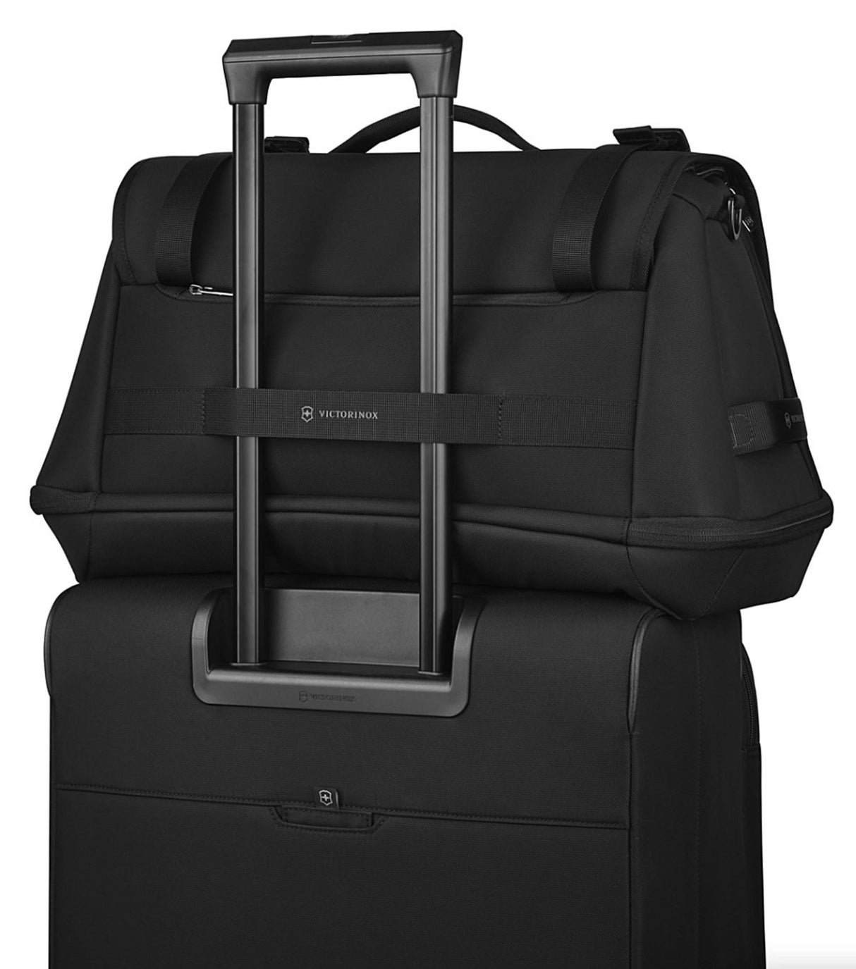 Victorinox Crosslight Duffel in black, featuring recycled materials, extra packing space, and removable shoulder strap.